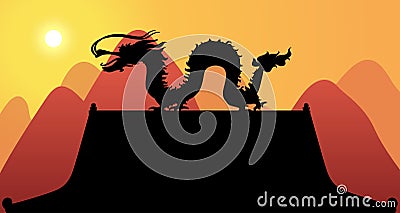 Silhouette Dragon with Mountain Background Vector Illustration