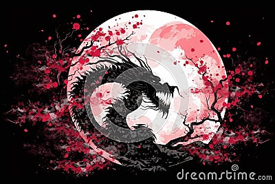 Silhouette of a dragon and sakura flower with full moon background, Generative AI Stock Photo