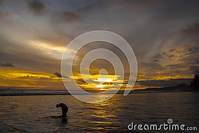 Silhouette Dramatic Scene at Golden Sunset Stock Photo