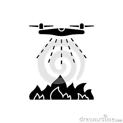 Silhouette Drone puts out fire. Outline icon of firefighting quadcopter. Black illustration of airplane spraying water or flame Vector Illustration