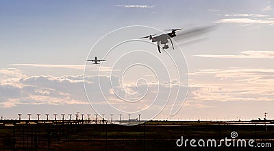 A silhouette of a drone rapidly moving towards an departing aircraft near a airport. Stock Photo