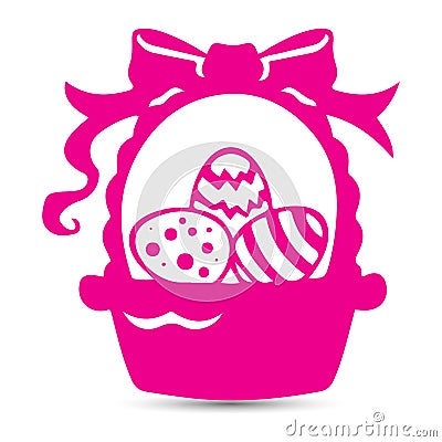 Silhouette of easter pink basket with ribbon filled with easter Vector Illustration
