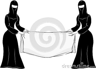 Cidrat eastern Muslim woman in national dress - Chadra, Hijab, burqa, Nikab. With an empty streamer on an isolated background. Stock Photo