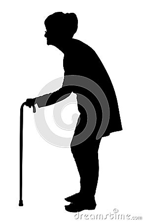 Silhouette of Elderly woman with bent back walking with cane Vector Illustration