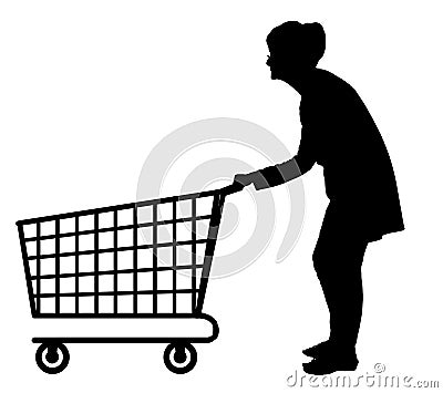 Silhouette of elderly woman pushing empty shopping trolley Vector Illustration