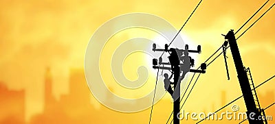 Silhouette electricians team with crane are working to install electrical transmission equipment on power pole Cartoon Illustration