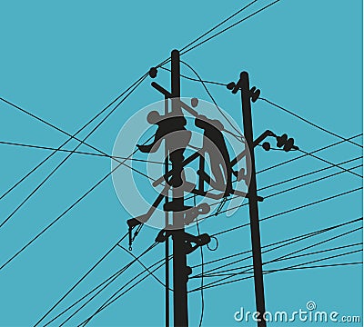 Silhouette of Electricians workers are working to connect telephone lines and busy cables with blue sky background. Vector Illustration