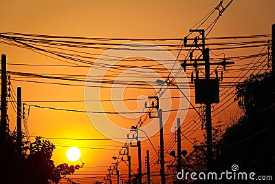 Silhouette , electricity post Stock Photo