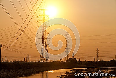 Silhouette electricity post on sunset Stock Photo