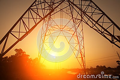 Silhouette electricity post on sunset Stock Photo