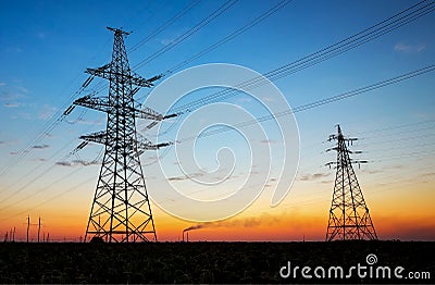 Wire electrical energy at sunrise Stock Photo
