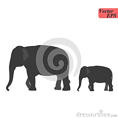 Silhouette of elephant with baby elephant. Cow elephant with young elephant Stock Photo