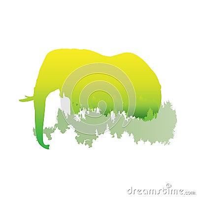 Silhouette of a elephant Inside the pine forest, bright colors Vector Illustration