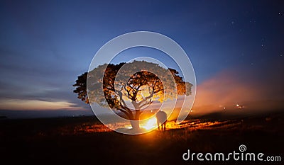 Silhouette of Elephant standing by tree at night. The Kuy Kui People of Thailand. Elephant Ritual Making or Wild Elephant Catchin Stock Photo