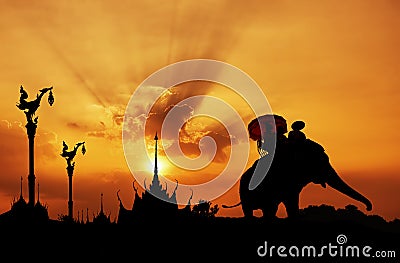 Silhouette of Elephant with Temple Stock Photo