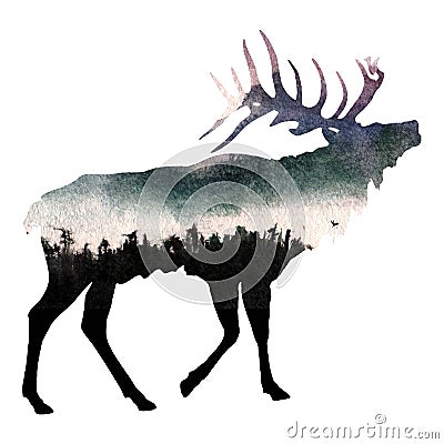 Silhouette of elk and forest. Double multiple exposure, watercolor illustration. Silhouette of a moose with antlers on a forest Cartoon Illustration