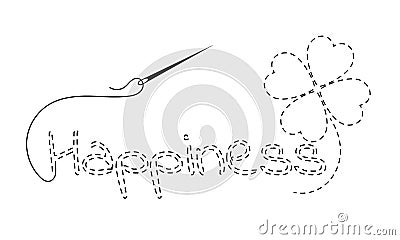 Silhouette of embroidered inscription `happiness` and clover with interrupted contour. Vector Illustration