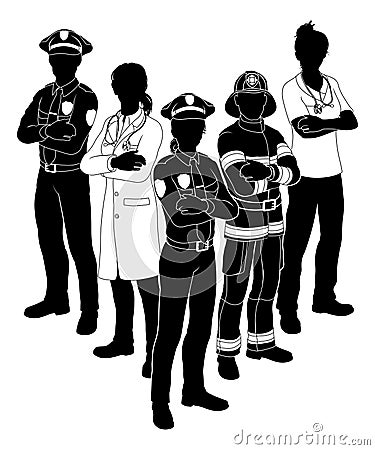 Silhouette Emergency Services Worker Team People Vector Illustration