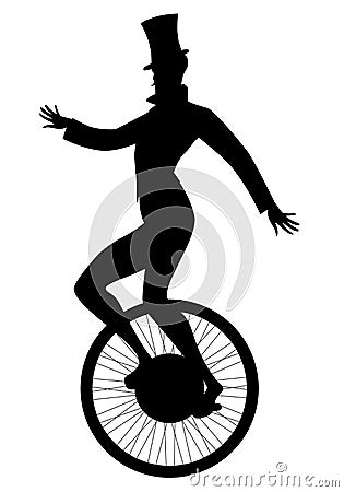 Silhouette of equilibrist dressed in the old fashion, wearing top hat, balancing on unicycle, isolated on white background Vector Illustration