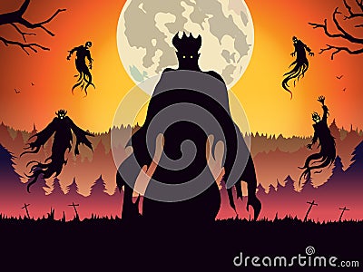 Silhouette of evil spirit flying on forest at full moon night. Vector Illustration