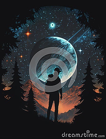 Silhouette of explorer on futuristic landscape background. Adventurer and planet, stars in universe for Space Day. Generative AI Stock Photo