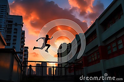 Silhouette of an extreme sportsman engaged in outdoor sports at sunset. Neural network AI generated Stock Photo