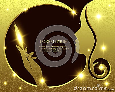 Silhouette the face of a beautiful girl, golden background for your design, vector illustration. Vector Illustration