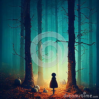 Silhouette in a fairy forest Cartoon Illustration