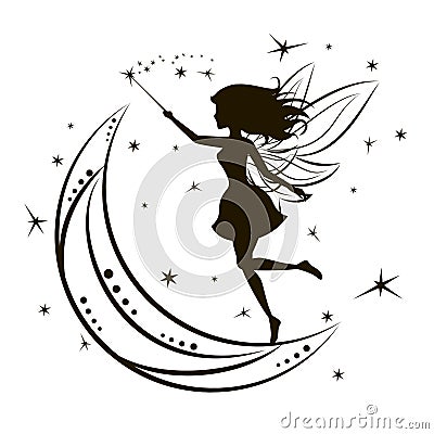 Silhouette of fairy with moon and stars Vector Illustration