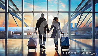 silhouette of a family at the airport on departure for vacation Stock Photo