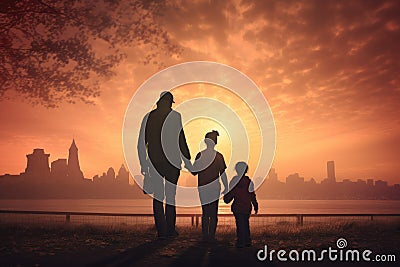 Silhouette of a family with a child in the city at sunset, A family of immigrants looking at the Statue of Liberty, AI Generated Stock Photo