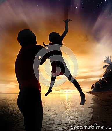 Silhouette family of child hold on father hand Stock Photo