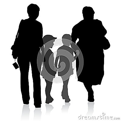 Silhouette of family, mother and children and Vector Illustration