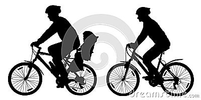 Silhouette of a family on mountain bikes, vector illustration set. Vector Illustration