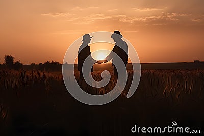 Silhouette of farmers shaking hands in a field of ripe wheat. Sunset on the horizon, Generative AI Stock Photo
