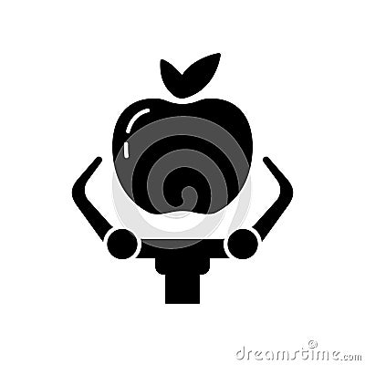 Silhouette Farming robot logo. Outline icon of apple and robotic claw. Black simple illustration of automation, harvesting Vector Illustration