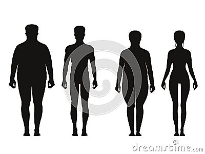 Silhouette of fat and thin peoples. Weight loss of overweight man and fat woman. Vector illustrations isolate Vector Illustration