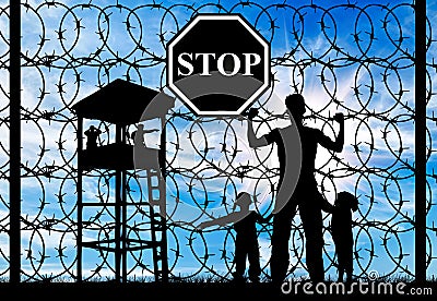 Silhouette of father and child refugees Stock Photo