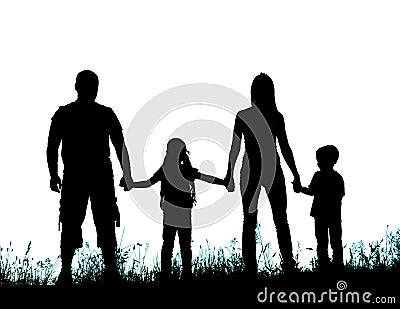 Silhouette father, mother and kids holding hands Stock Photo