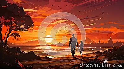 silhouette father, mother walking hand in hand along sandy beach at sunset. Their profiles outlined against colorful sky as share Stock Photo