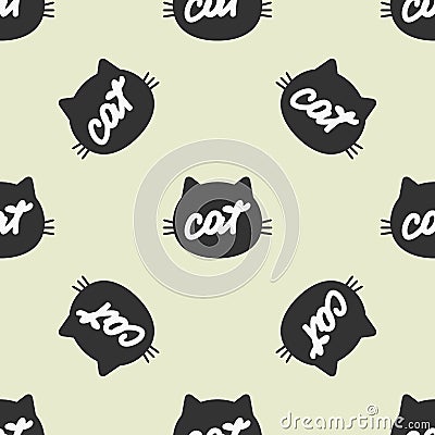 Silhouette of feline head with handwritten text Cat. Color seamless pattern. Vector Illustration