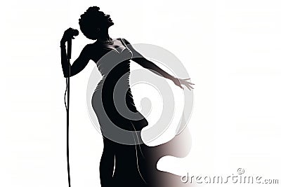 Silhouette of a female diva vocalist singing with a microphone Cartoon Illustration