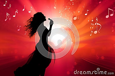 Silhouette of a female diva vocalist singing with a microphone Cartoon Illustration