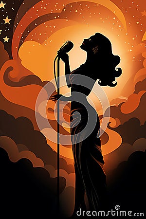 Silhouette of a female diva vocalist singing with a microphone Cartoon Illustration