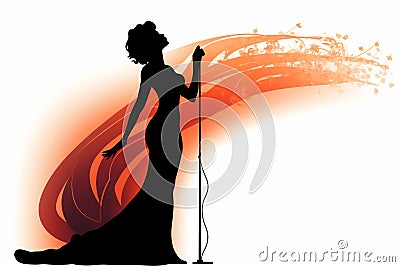 Silhouette of a female diva vocalist singing with a microphone Cartoon Illustration