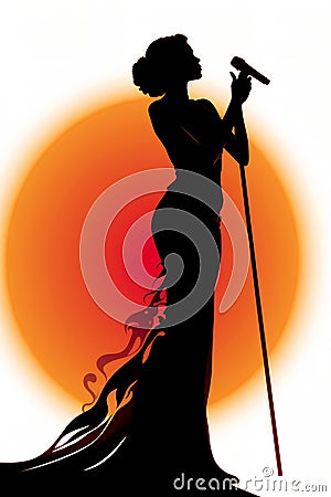 Silhouette of a female diva vocalist singing with a microphone Cartoon Illustration