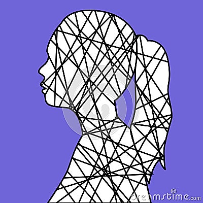 Silhouette of a female head with line inside. Chaotic thought process, confusion, personality disorder, problem of Vector Illustration