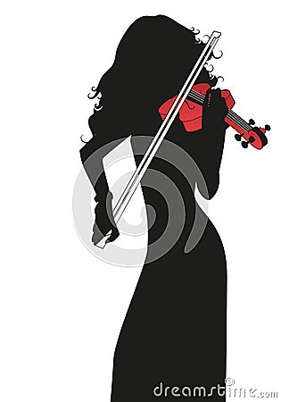 Silhouette of female violinist playing a red violin isolated on white background Vector Illustration