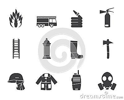 Silhouette fire-brigade and fireman equipment icon Vector Illustration