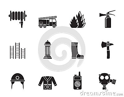 Silhouette fire-brigade and fireman equipment icon Vector Illustration